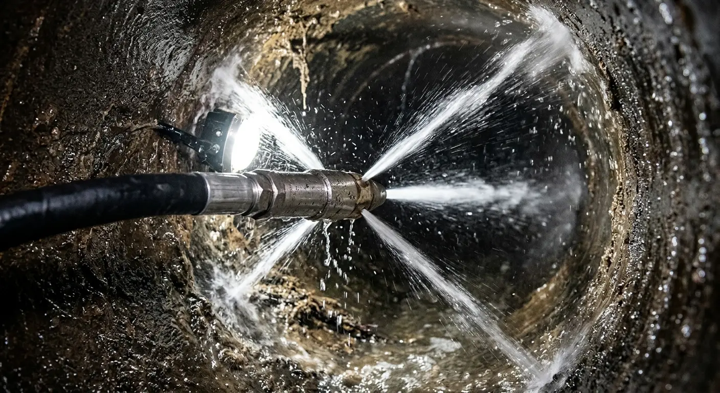 High-pressure hydro jetting nozzle cleaning sewer pipe for Emergency Drain Service in Lander