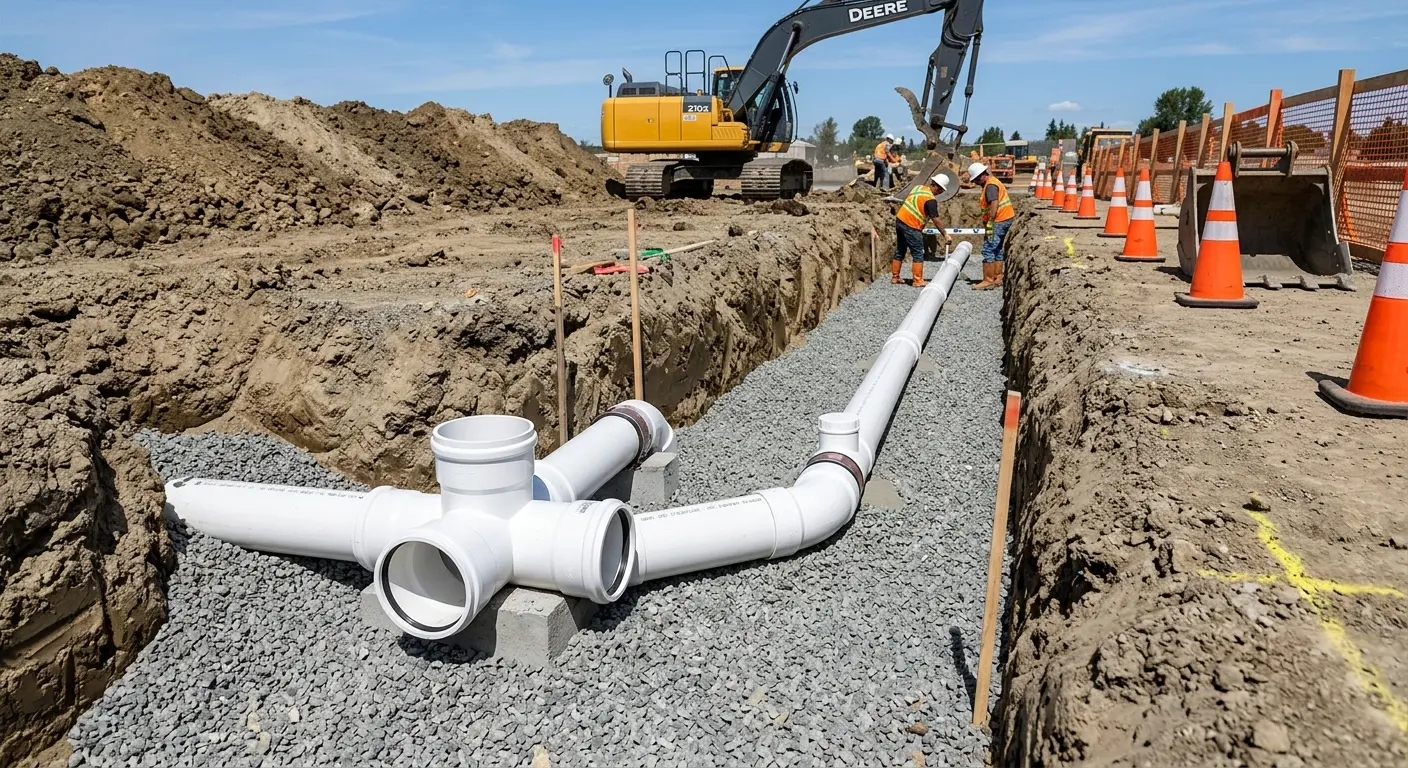 New PVC sewer pipe installation in open trench for Commercial Drain Cleaning in Lander