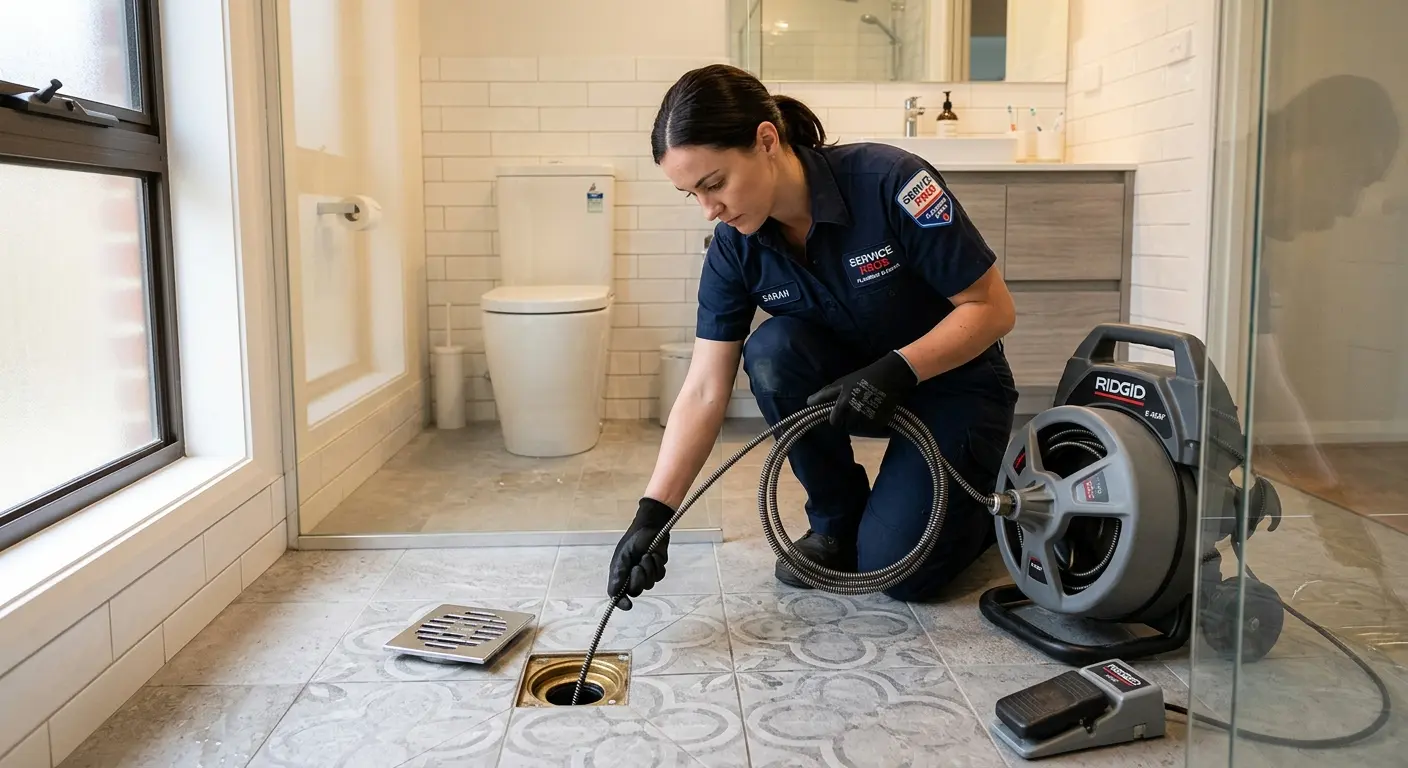 Technician clearing a bathroom floor drain for Clogged Drain Repair in Lander